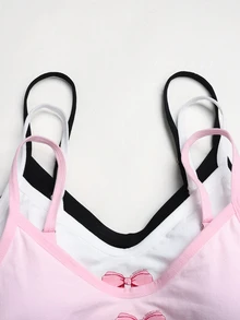 SHEIN 青少年女孩黑白粉 3 件/多件套 簡約內墊細肩帶內衣內褲套裝，舒適素色居家服 - 彩色 - 查看 6