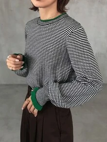 FRIFUL Women's Striped Round Neck Drop Shoulder Long Sleeve Loose Sweater - Black - View 5