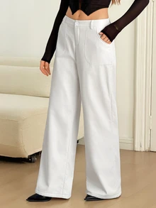 SHEIN Tall 純色斜口袋寬腿長褲 - 白色 - 查看 6