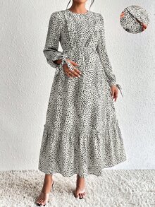 SHEIN 孕婦哺乳圓領波點印花洋裝 - 白色 - 查看 2