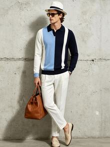 Manfinity Dauomo Men's Striped Long Sleeve Casual Turn Collar Sweater - Blue - View 6