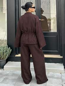Livesso Plus Size Zip-Up Long Sleeve Versatile Jacket And Loose Pants 2 Pieces Set Fall - Brown - View 6