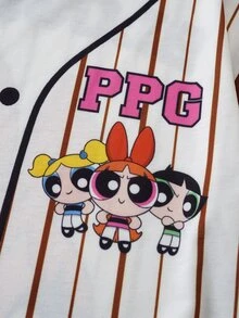 THE POWERPUFF GIRLS X SHEIN Tween Girl Striped Letter Cartoon Print Casual Daily Short Sleeve T-Shirt - Brown - View 4