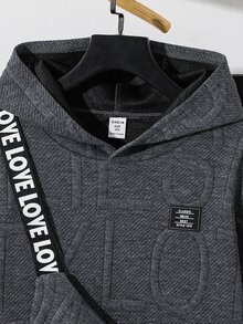 SHEIN 3件組買2送1兒童青少年男孩休閒運動提花布假兩件式連帽衛衣與慢跑褲套裝，灰色衛衣套裝，基礎上衣，適合秋冬、學校、家庭聚會、度假、派對，秋季穿搭，冬季穿搭 - 彩色 - 查看 4