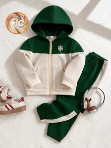 SHEIN Boys 2pcs Sweatshirt Set, Fall New Long Sleeve Hooded Sweatshirt And Pants Set, Pink Green Printed Zip-Up, Outfit For Daily Wear Birthday Beach School - Green - View 3