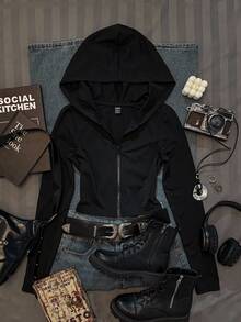 Attitoon Sudadera corta con cremallera, cordón y strass con diseño de araña - Negro - Ver 2