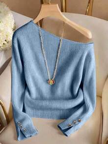 Franclia Solid Button Detail Asymmetrical Neck Tee - Blue - View 5