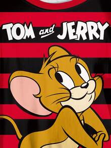 TOM & JERRY X SHEIN 大尺碼條紋卡通與標語圖案印花T恤 - 白色 - 查看 3