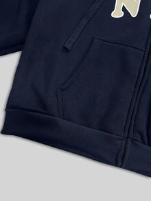 IslaSuriya Sweatshirt Termal Berkerudung dengan Resleting dan Tali Serut Bergambar Huruf - Navy Blue - View 4