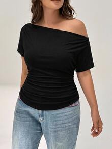 Shapeblank Plus Asymmetrical Neck Ruched Tee - Black - View 4