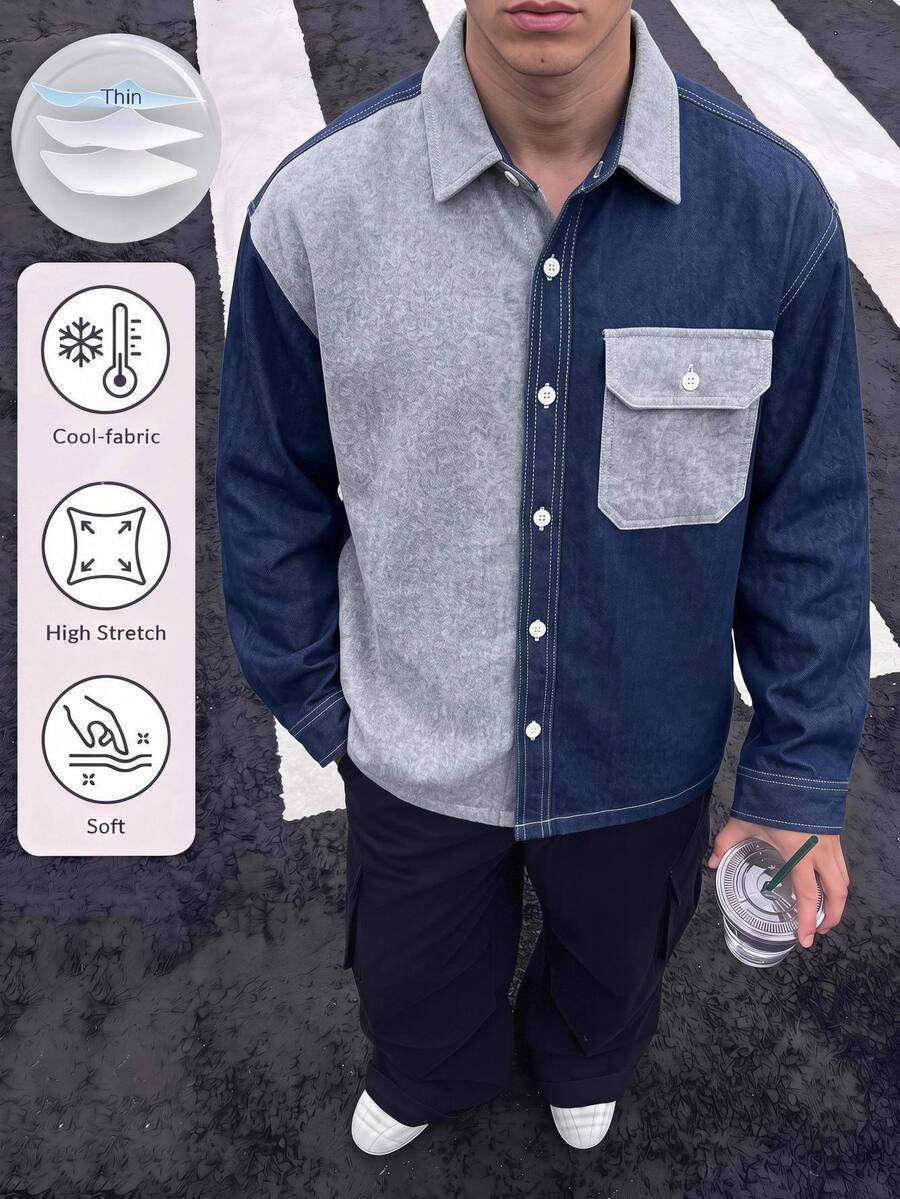 SHEIN 青少年男孩休閒運動丹寧風長袖襯衫,適合秋冬穿搭,適用於學校、家庭聚會、運動、生日派對 - 彩色 - 查看 1