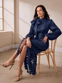 Anewsta Tie Neck Lantern Sleeve Fringe Hem Dress - Navy Blue - View 7