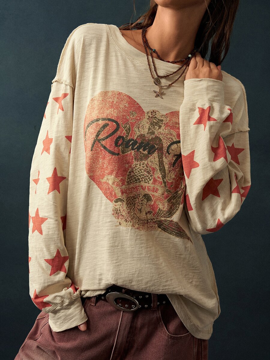 Bohemela Mermaid Star & Letter Graphic Drop Shoulder Oversize Tee - Apricot - View 1
