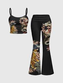 ROMWE Avant Tiger Chinese Dragon Print Cami Top & Flare Leg Pants Set - Black - View 1