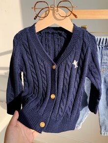 SHEIN 男嬰刺繡細節麻花針織秋冬開襟衫（不含襯衫） - 藏蓝色 - 查看 6