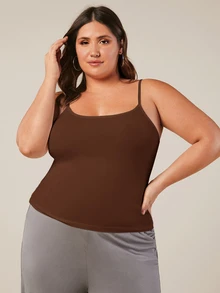 SHEIN BASICS Plus Solid Slim Fit Breathable Cami Top - Brown - View 5