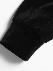 SHEIN 青少年女孩天鵝絨刺繡毛絨飾邊拉鍊連帽外套 - 黑色 - 查看 9