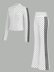 SHEIN 青少年女孩 1件波點對比側縫假領夾克 & 1件喇叭褲 - 白色 - 查看 4