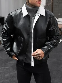 Manfinity CasualCool Jaket Kulit PU Pria dengan Kerah Kontras - Hitam - View 1