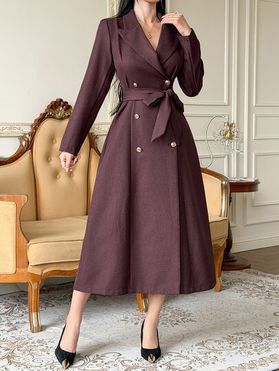 DAZY Women's Waist-Cinching Double-Breasted Long Sleeve Midi Dress