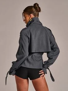 SHEIN BAE 高領雙排扣繫腰風衣 深灰色 秋冬休閒通勤商務外套 - 深灰色 - 查看 2