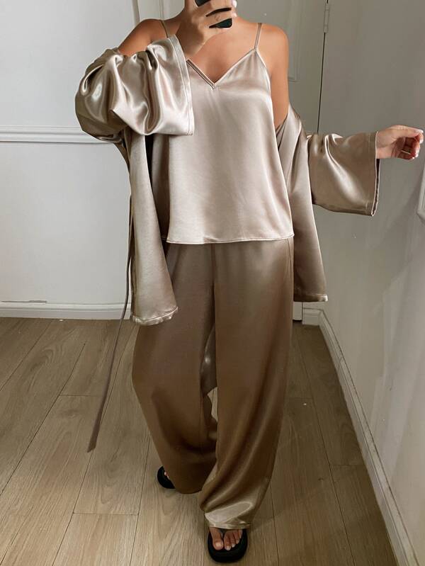 Livesso Solid Satin Cami Top & Pants & Robe PJ Set