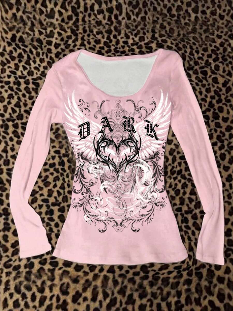 Attitoon Round Neck Wing Print Long Sleeve Tee - Multicolor - View 1
