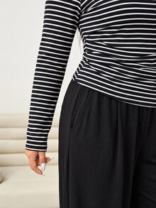 Solflare Plus Size Striped Print Long Sleeve Slim Fit Tee & Wide Leg Pants Set - Multicolor - View 5