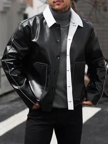Manfinity CasualCool Jaket Kulit PU Pria dengan Kerah Kontras - Hitam - View 4