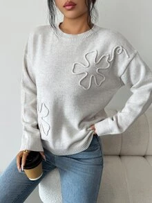 SHEIN Floral Pattern Drop Shoulder Sweater - Apricot - View 1