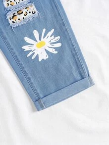 SHEIN Jeans rasgados con estampado floral & leopardo y borde crudo talla grande - Azul - Ver 4