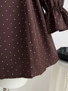 Elamini Polka Dot Print Contrast Lace Flounce Sleeve Bow Front Dress - Coffee - View 4