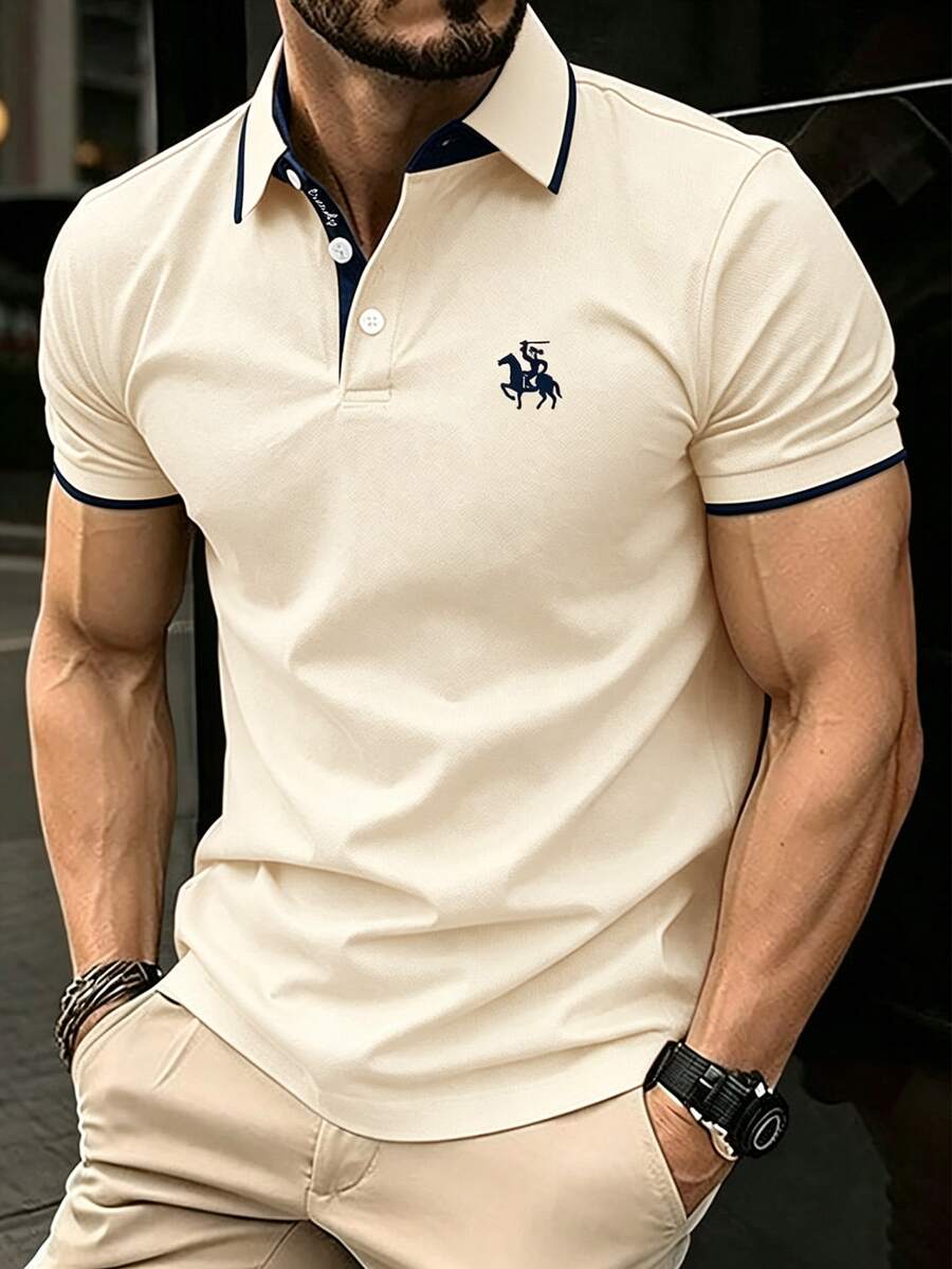 Calvornis Plus Horse Pattern Contrast Trim Polo Shirt - Beige - View 1