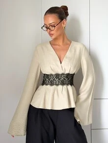 Siren Gaze Lantern Sleeve Peplum Blouse - Apricot - View 4