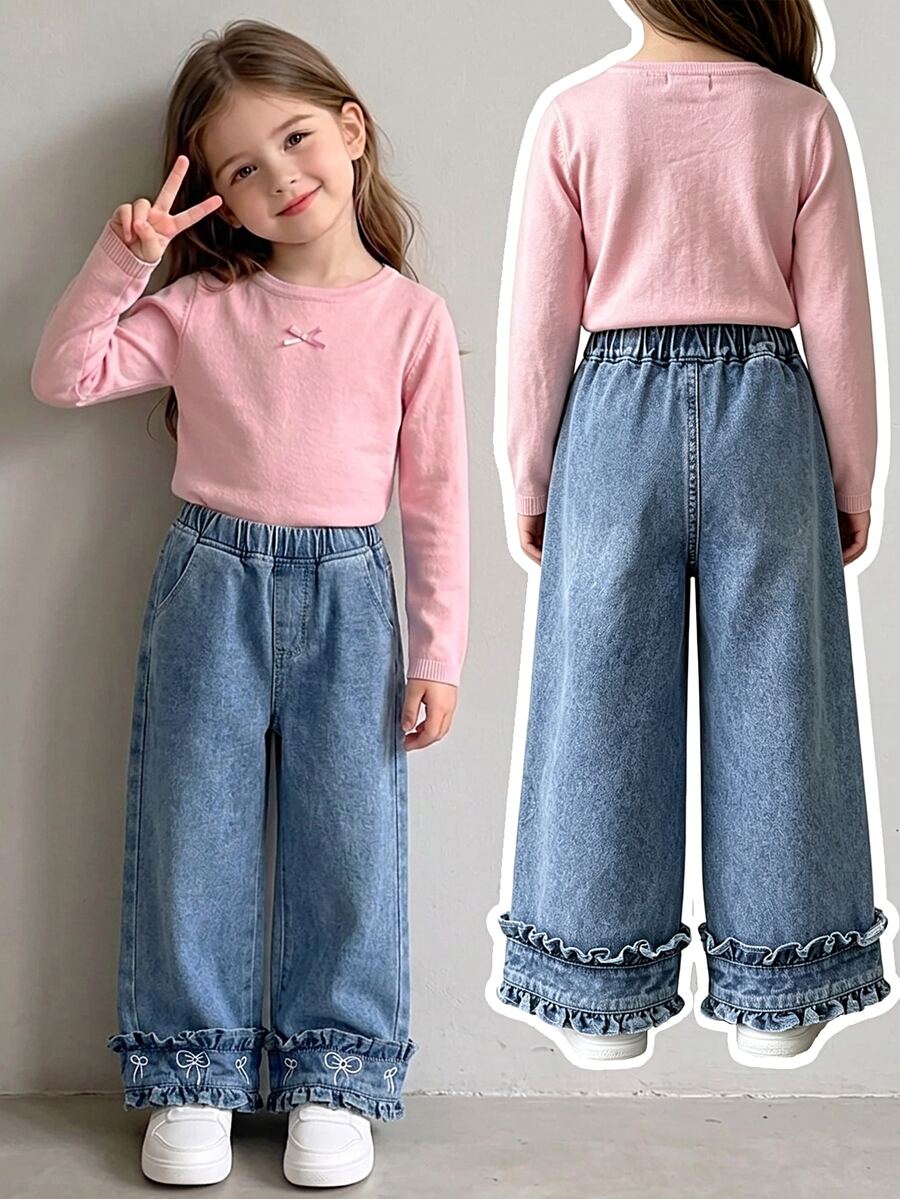 SHEIN Young Girls Elastic Waist Bow Embroidered Ruffle Hem Wide Leg Denim Jeans For Fall Winter Daily Casual Wear - Blue - View 1