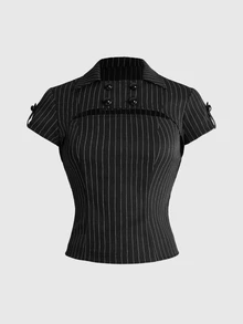 ROMWE Y2K Striped Print Cut Out Front Blouse - Black - View 1