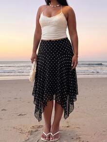 GalTyme Plus Size Summer Elegant Polka Dot Print Asymmetrical Hem Skirt - Black and White - View 3