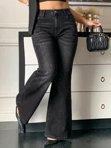 Dazy Plus Plus Size Washed Stretch Slim Fit Flare Leg Jeans, Fashionable & Versatile - Black - View 2