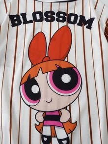 THE POWERPUFF GIRLS X SHEIN Tween Girl Striped Letter Cartoon Print Casual Daily Short Sleeve T-Shirt - Brown - View 7