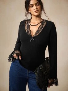 Nubod Atasan Rajut Pullover Elegan Ukuran Plus dengan Kerah V Berenda untuk Acara Komuter, Makan Malam, Pernikahan, dan Tamu, Warna Hitam untuk Musim Gugur dan Musim Dingin - Hitam - View 9
