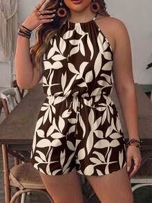 SHEIN VCAY Plus Plants Print Halter Neck Romper - Brown - View 3