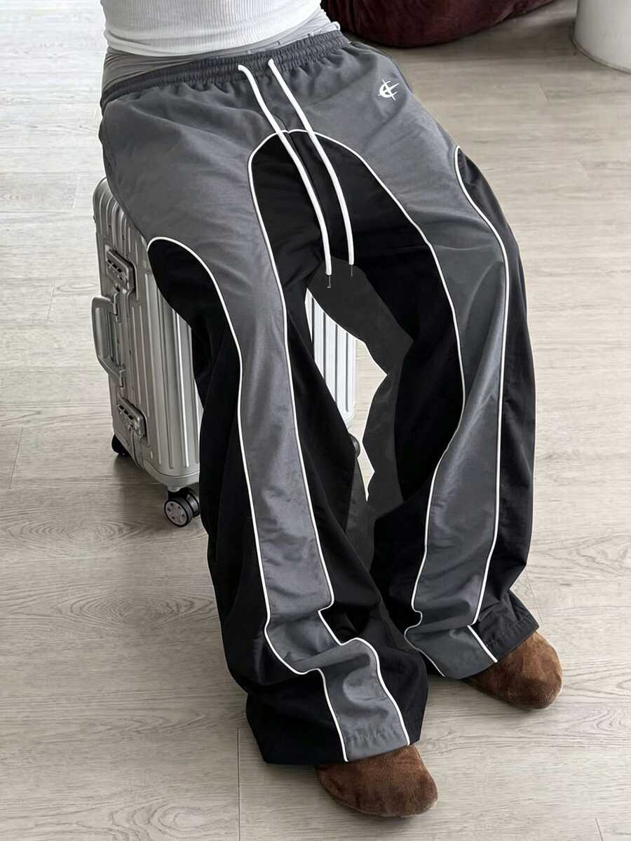Major Grit Men Contrast Piping Color Block Drawstring Waist Pants - Dark Grey - View 1