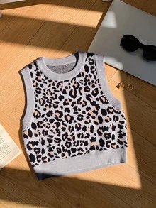 Comfortcana Women Knit Tops Travel Grey Leopard Print Retro - Grey - View 7
