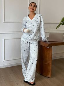 Livesso Letter And Polka Dot Print Drop Shoulder PJ Set - Grey - View 6