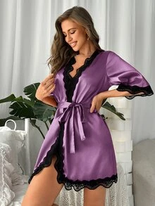 Crystal Vow Contrast Lace Belted Satin Robe - Purple - View 3