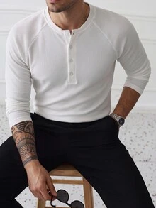 HUEFORM Men Basic White Henley Shirt T-Shirts,The Ribbed Fabric Is Highly Stretchy And Forgiving On The Figure-A Versatile Wardrobe Staple. For Men - White - View 5