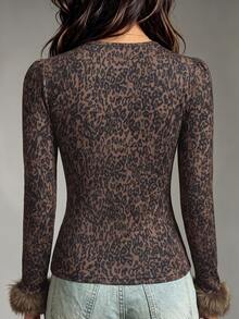 LUMIGAL Leopard Print Fuzzy Trim Button Front Top - Brown - View 2