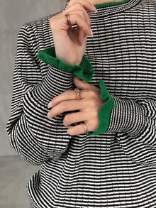 FRIFUL Women's Striped Round Neck Drop Shoulder Long Sleeve Loose Sweater - Black - View 3