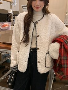 DAZY Contrast Trim Button Front Fuzzy Coat - Grey - View 5