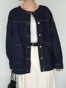 FRIFUL Áo khoác denim vai trễ xếp ly lưng cho mùa thu - Màu xanh lam - Xem 6
